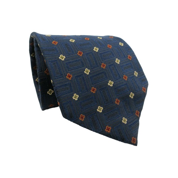 Roundtree & Yorke Men's Silk Tie Necktie Navy Squared Embroidered‎ Flowers - Picture 1 of 3